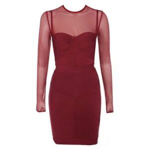 NEW HOUSE OF CB Noelle Bandage Mesh Bodycon Dress Long Sleeve Wine Red Size XS
